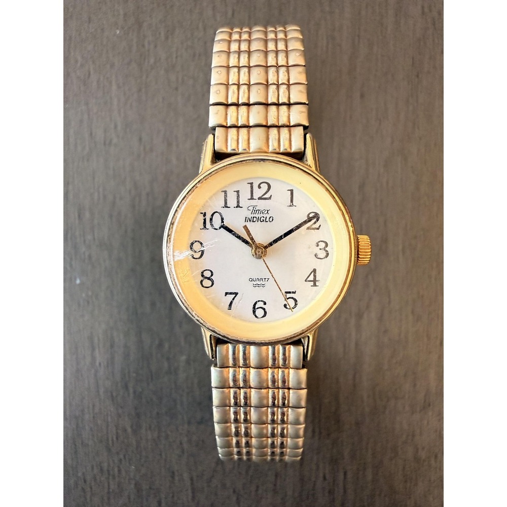 Timex Womens Watch Indiglo White Dial Gold Tone Speidel Stretch Band Quartz